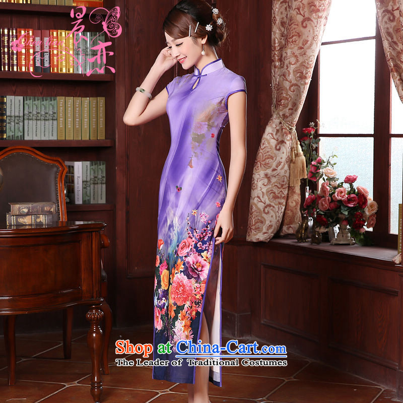 Morning new qipao Land summer retro long improved stylish herbs extract silk Chinese cheongsam dress Heather light purple XXL, morning land has been pressed shopping on the Internet