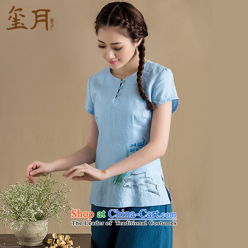 The seal on the spring and summer of 2015, the original Chinese cotton linen hand-painted short-sleeved T-shirt of ethnic Chinese literary linen T-shirt hand-painted XL, seal decreased by , , , shopping on the Internet