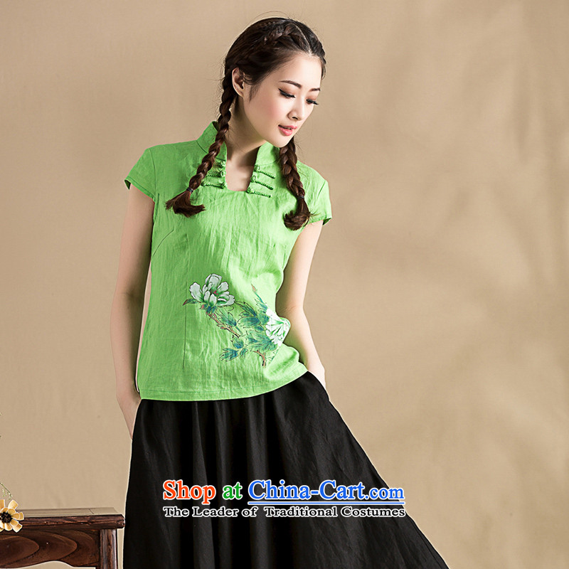 On?summer 2015_ seal hand-painted cotton linen clothes China wind Sau San video short-sleeved thin Tang dynasty sweet blouses green?L