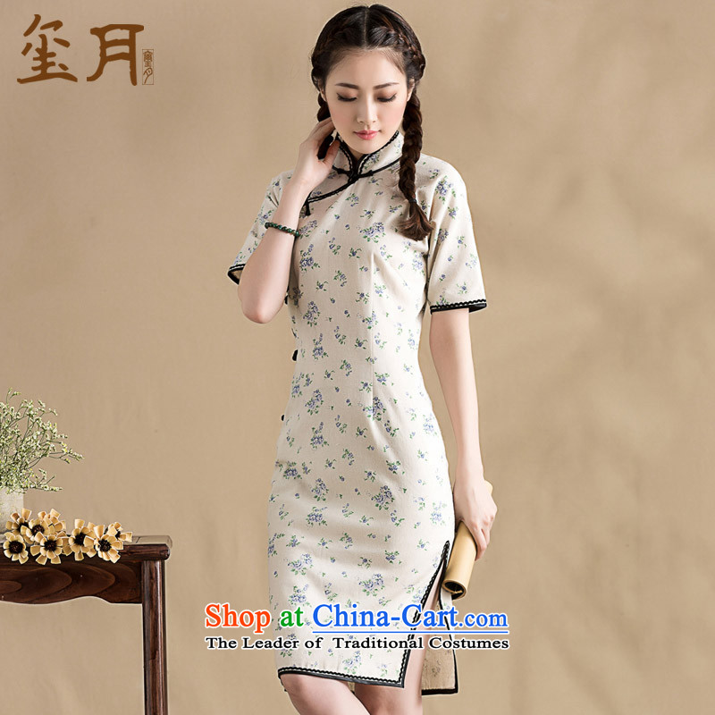 The seal on 2015 Original saika cotton linen female qipao manually disc detained lace edge enhancement of Chinese cheongsam dress photo color?M