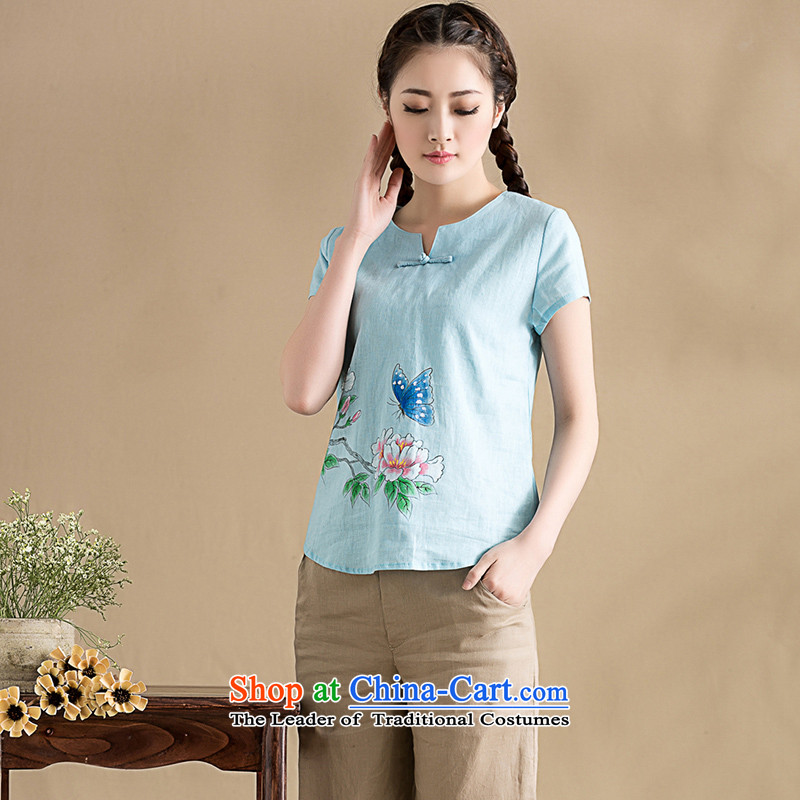 The seal on the original cotton linen china culture quality lady V-Neck short-sleeved T-shirt hand-painted minimalist Sau San Tong blouses light blue?M