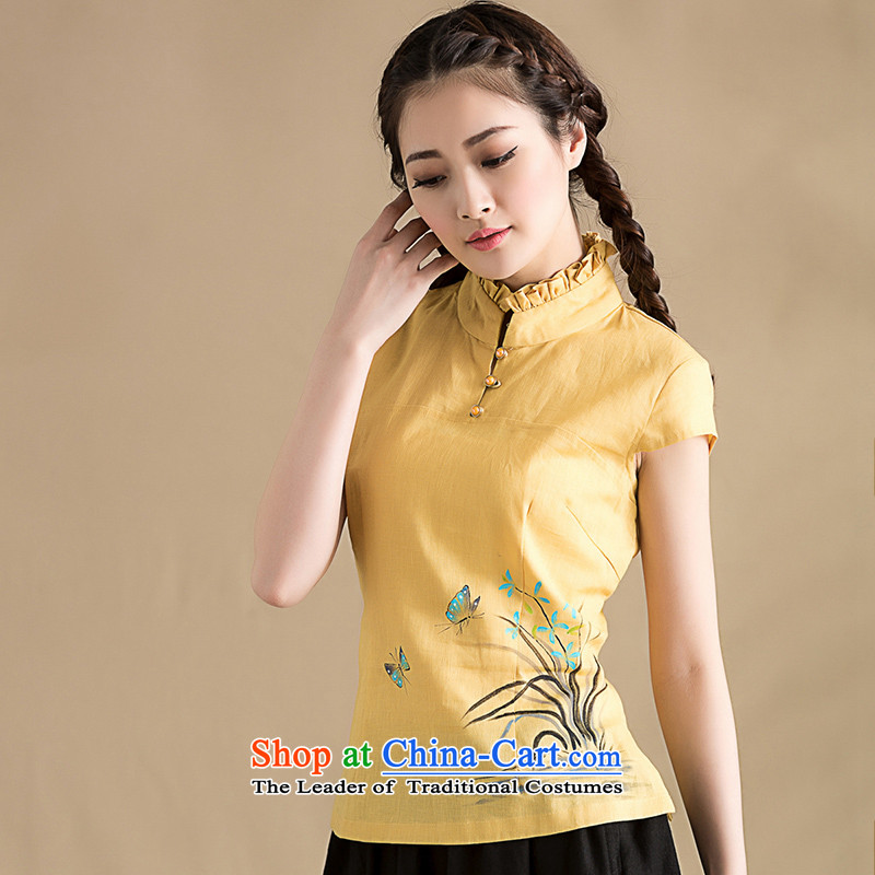 The seal on the original cotton linen arts Sau San video thin blouses spring temperament elegant linen short-sleeved T-shirt female yellow?L