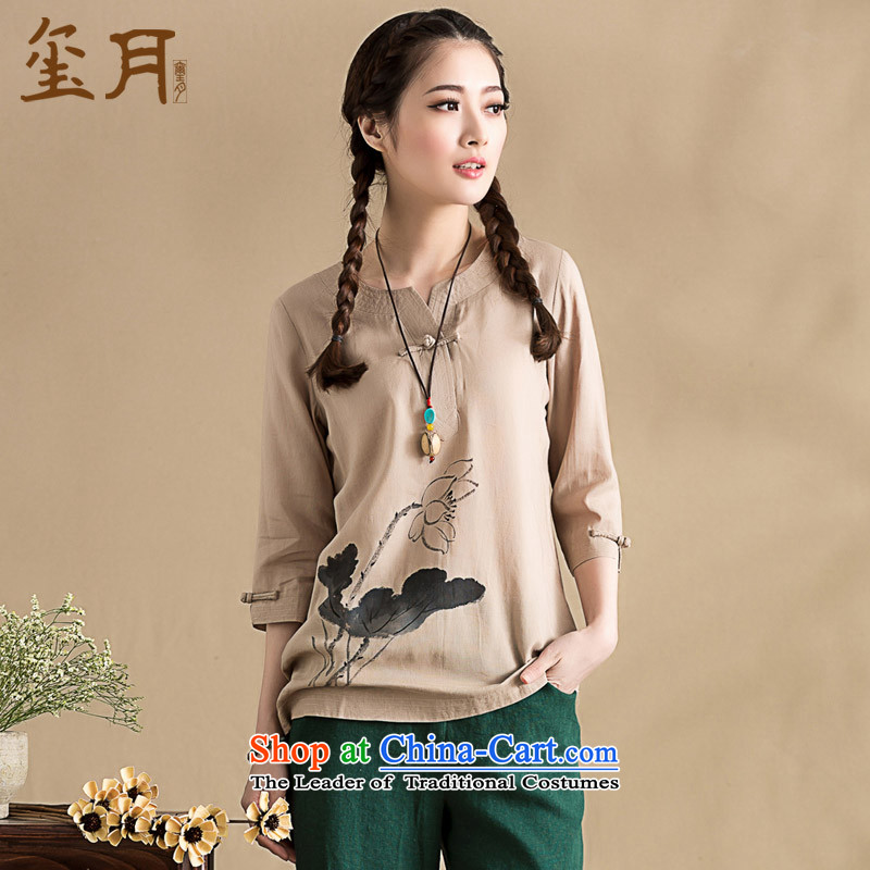The seal on the original cotton linen blouses daily cultural nostalgia for the hand-painted Sau San Lotus loose Chinese Han-girl-?XL