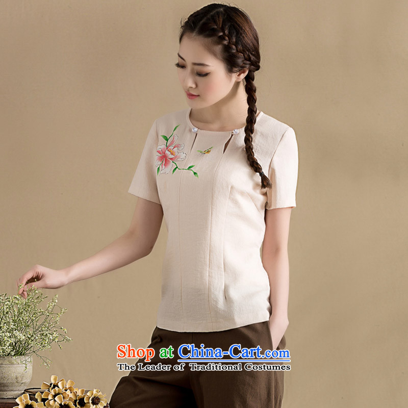 The seal on the original cotton linen clothes of ethnic Chinese literature and art nouveau Mudan hand-painted Tang blouses China wind T-shirt, beige?S