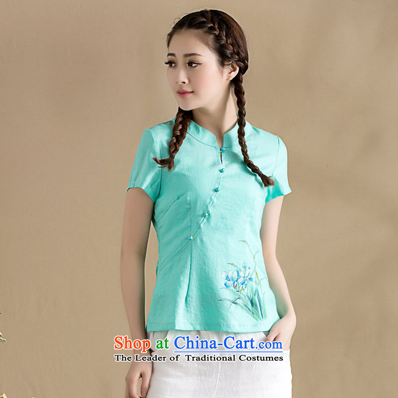 The seal on the original cotton linen clothes is pressed qipao hand-painted orchid blouses Sau San video thin Chinese T-shirt female Blue?M
