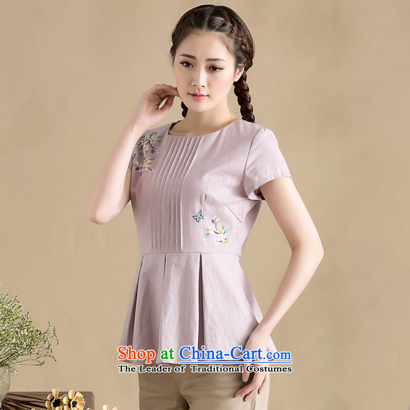 The seal on the original cotton linen blouses Summer 2015 arts retro short-sleeved T-shirt temperament elegant Chinese shirt purple?XXL