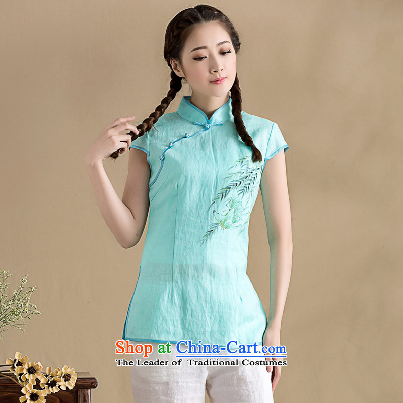 The seal on the original cotton linen minimalist art Linen Dress Shirt qipao hand-painted Han-chinese short-sleeved compassionate female light blue , L, seal decreased by , , , shopping on the Internet