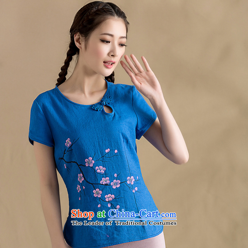 The seal of the original cotton linen hand-painted female clothes arts ethnic Phillips-head short-sleeved blouses Tang female spring and summer, hand-painted blue?S