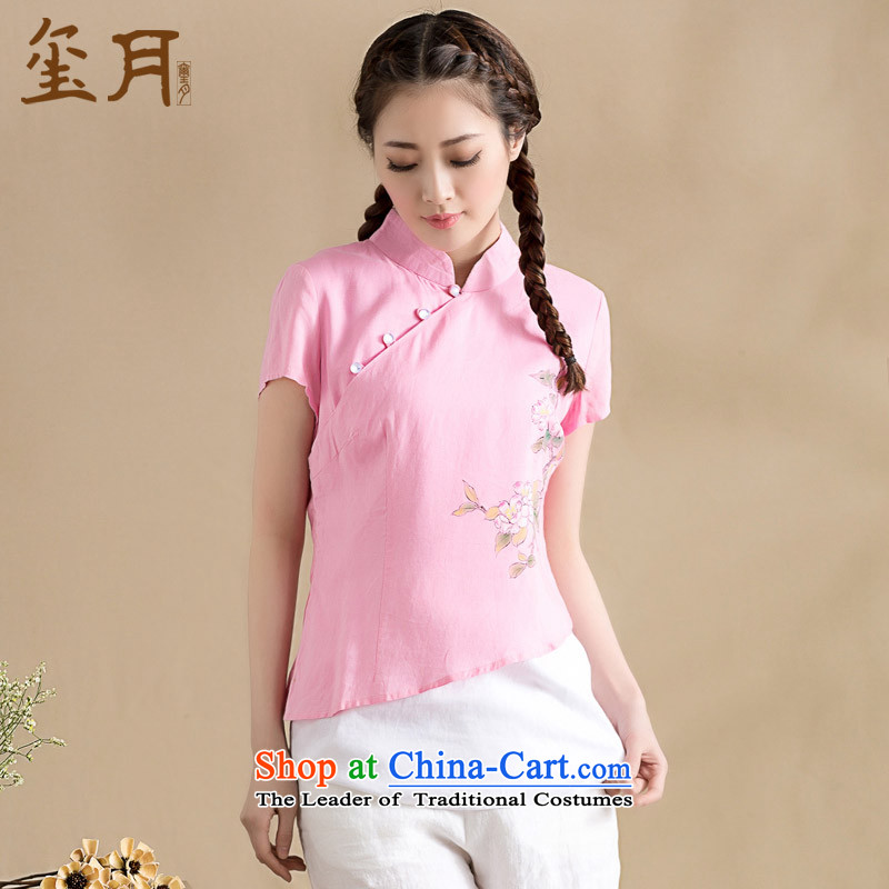 The seal on the original cotton linen blouses spring and summer arts stitching knocked short-sleeved T-shirt color Chinese hand painted Chinese Wind Pink , L, seal decreased by , , , shopping on the Internet
