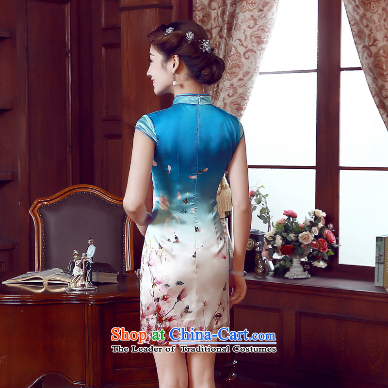 Morning new qipao Land summer short of improvement and Stylish retro herbs extract silk cheongsam dress blue butterfly Chinese light blue M morning land has been pressed shopping on the Internet