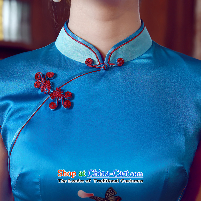 Morning new qipao Land summer short of improvement and Stylish retro herbs extract silk cheongsam dress blue butterfly Chinese light blue M morning land has been pressed shopping on the Internet