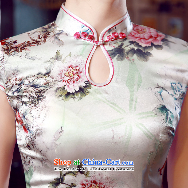 Morning new qipao Land summer retro long improved stylish herbs extract silk Chinese cheongsam dress suit XXL, Peony Peony morning land has been pressed shopping on the Internet