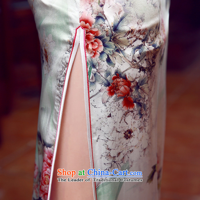 Morning new qipao Land summer retro long improved stylish herbs extract silk Chinese cheongsam dress suit XXL, Peony Peony morning land has been pressed shopping on the Internet