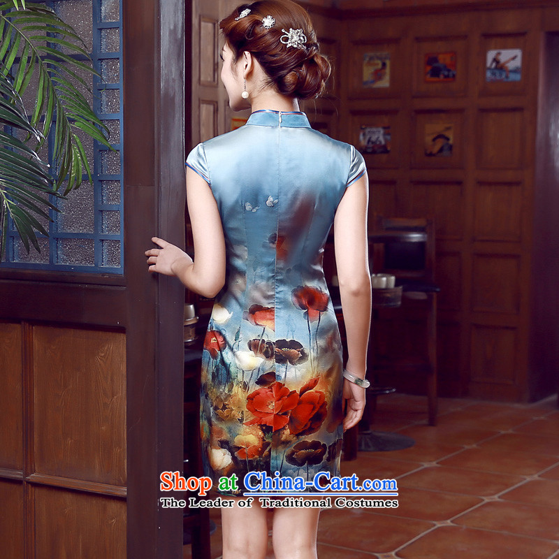 Morning new qipao Land summer short of improvement and Stylish retro herbs extract silk cheongsam dress blue Jacob Chinese blue XL, morning land has been pressed shopping on the Internet