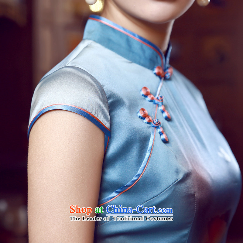 Morning new qipao Land summer short of improvement and Stylish retro herbs extract silk cheongsam dress blue Jacob Chinese blue XL, morning land has been pressed shopping on the Internet