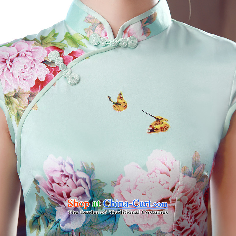 Morning new qipao land 2015 summer short of improvement and Stylish retro herbs extract Chinese Silk Cheongsam Peony light blue 155/S, morning land has been pressed shopping on the Internet