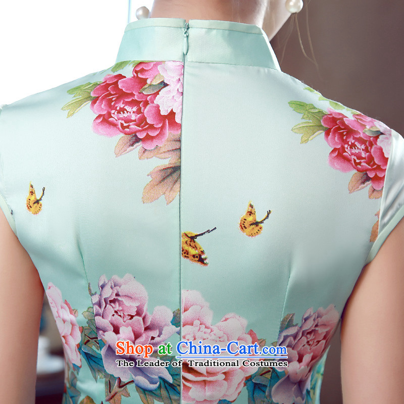 Morning new qipao land 2015 summer short of improvement and Stylish retro herbs extract Chinese Silk Cheongsam Peony light blue 155/S, morning land has been pressed shopping on the Internet