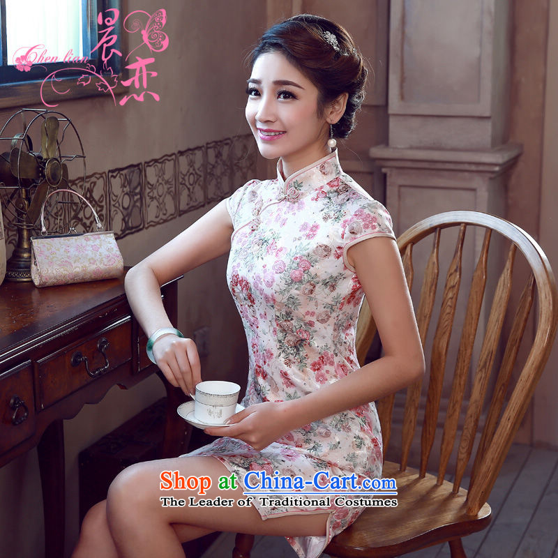 Land 2015 summer morning new Stylish retro short of improved cheongsam dress Chinese Daily Pink Pink Blue?M