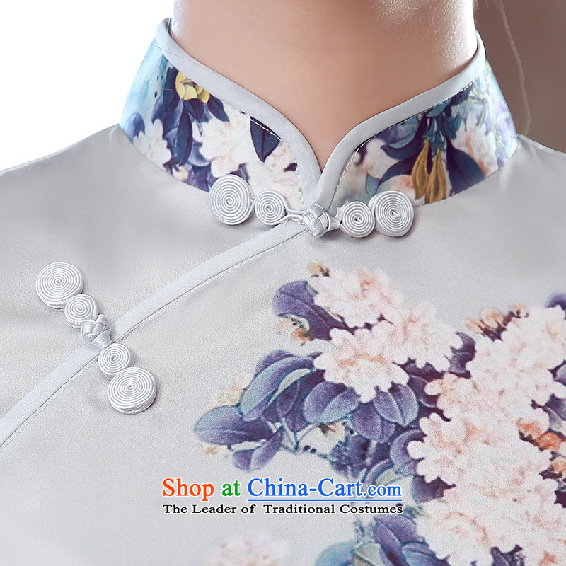 Morning new qipao land 2015 summer short of improvement and Stylish retro herbs extract Chinese qipao Silk flower and light gray , L, morning land has been pressed shopping on the Internet