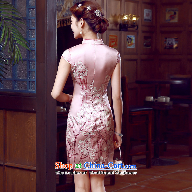 Morning new qipao Land summer short of improvement and Stylish retro herbs extract silk cheongsam dress toner Yulan Chinese Pink 155/S, morning land has been pressed shopping on the Internet