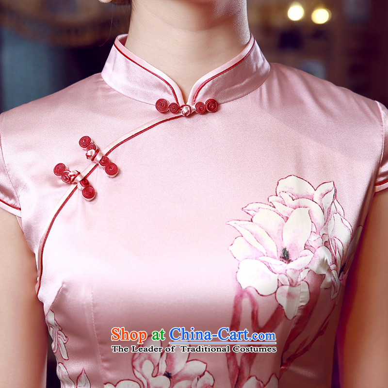 Morning new qipao Land summer short of improvement and Stylish retro herbs extract silk cheongsam dress toner Yulan Chinese Pink 155/S, morning land has been pressed shopping on the Internet
