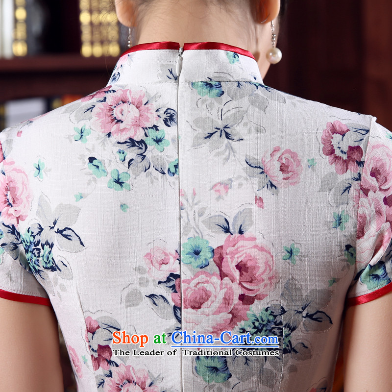 Land 2015 summer morning new Stylish retro short of improved cheongsam dress Chinese daily cotton linen rose pink XL, morning land has been pressed shopping on the Internet
