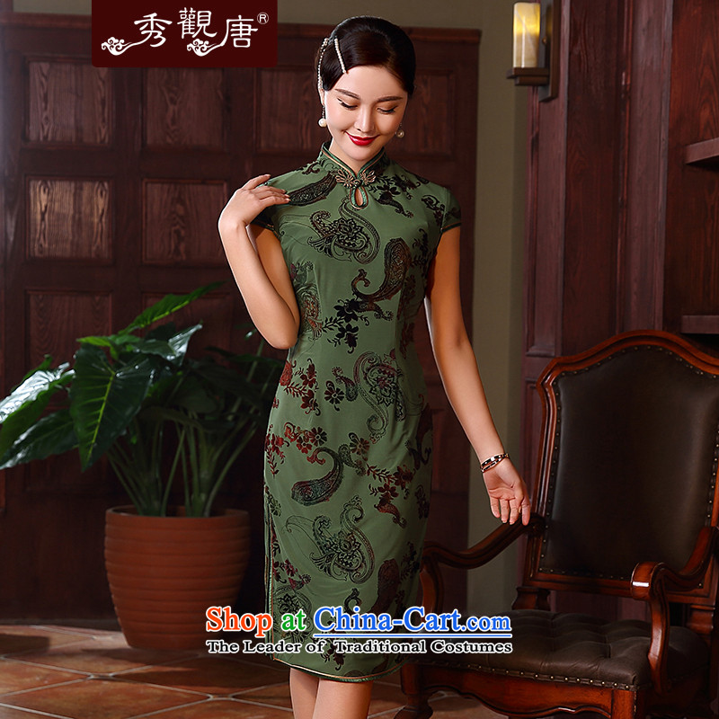 -Sau Kwun Tong- Hong Kong Athena flocking pattern of nostalgia for the summer 2015 new QIPAO_ Improved cheongsam dress QD5138 GREEN?S
