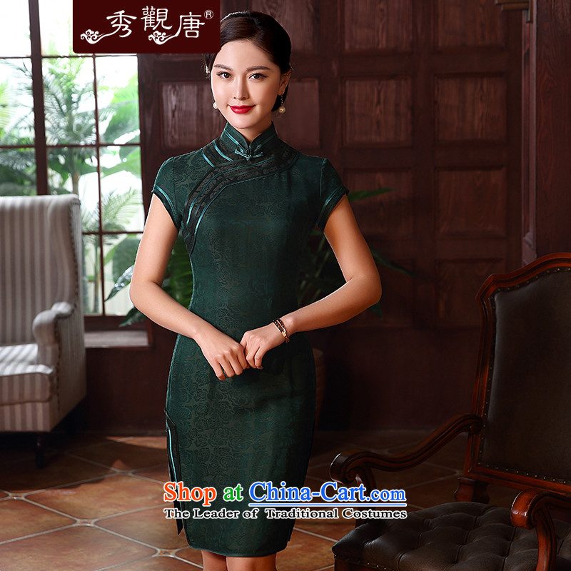 -Sau Kwun Tong Yue Fang- high end silk yarn qipao cloud of incense for?summer 2015 new retro cheongsam dress QD5125 dark green?XL