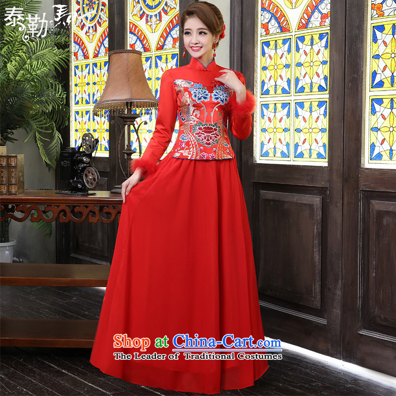 Martin Taylor spring and autumn bride wedding dress improved China wind clip cotton、Qipao Length of Chinese wedding services female red red bows?XL