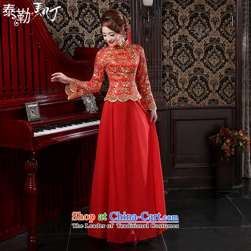 Martin Taylor new bride in spring and autumn 2015 wedding dress on chip lace long qipao cotton red bows services folder female red?XXL