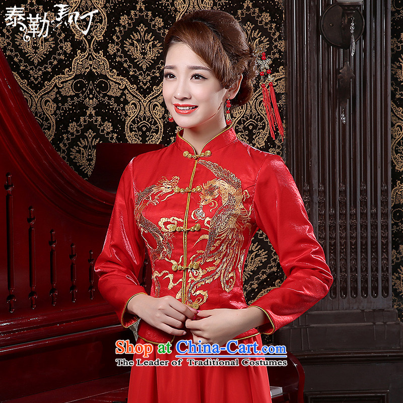 Martin Taylor bride wedding dress longfeng retro long qipao cotton red bows services folder female?2015 new spring and autumn red?S