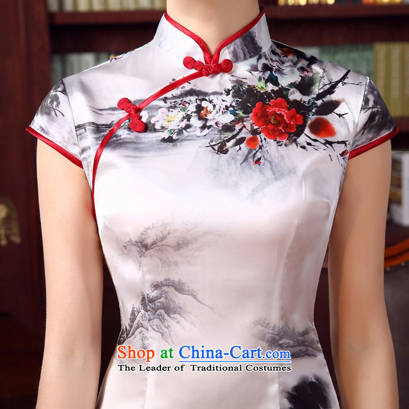 Morning new qipao land 2015 summer short of improvement and Stylish retro herbs extract Silk Cheongsam Chinese ink Light Gray , L, morning land has been pressed shopping on the Internet