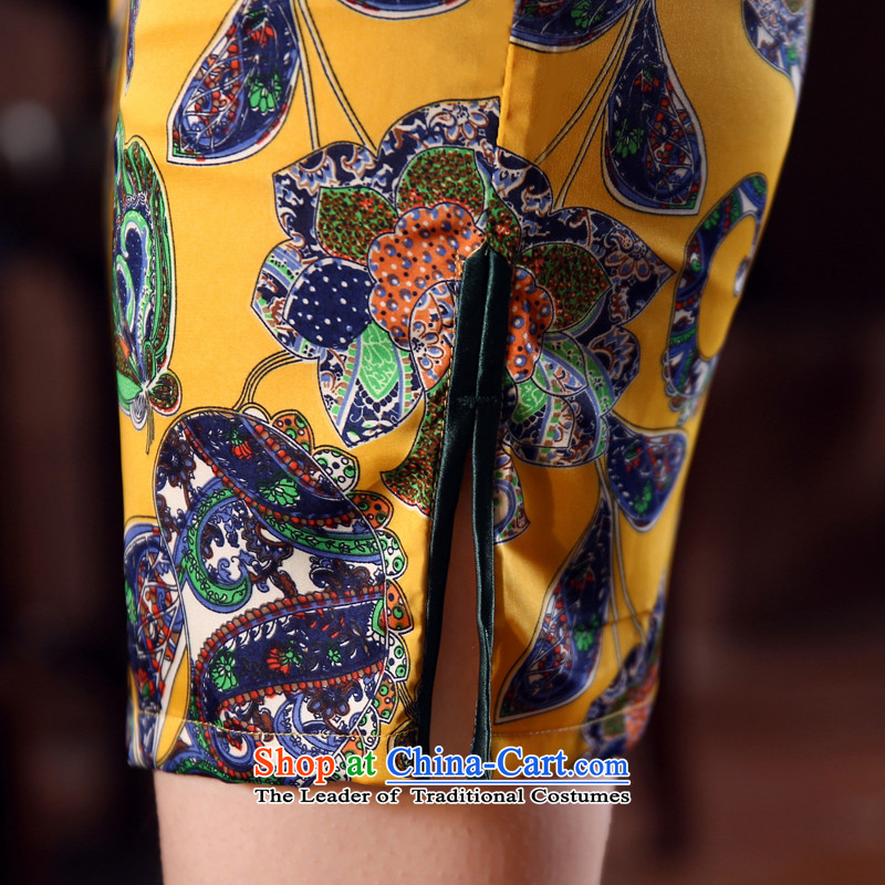 Morning new qipao Land summer short of improvement and Stylish retro herbs extract silk cheongsam dress Chinese Huang Yun Yellow XL, morning land has been pressed shopping on the Internet