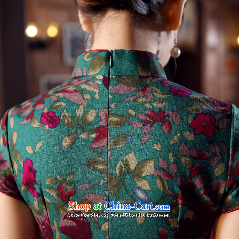 Land 2015 summer morning new Stylish retro short of improved cotton linen cheongsam dress Chinese Daily Green Green 155/S, morning land has been pressed shopping on the Internet