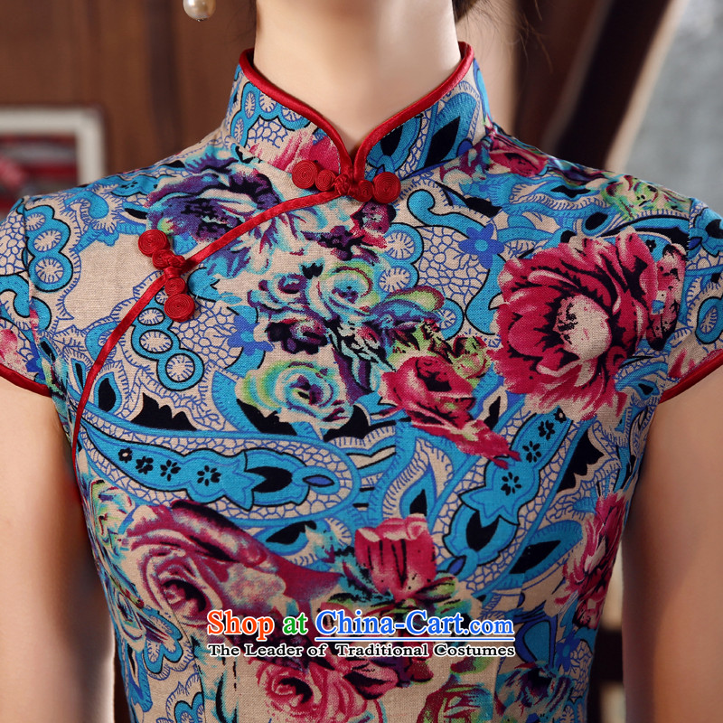 Land 2015 summer morning new Stylish retro short of improved cheongsam dress Chinese daily cotton linen 155/S, blue qipao morning land has been pressed shopping on the Internet