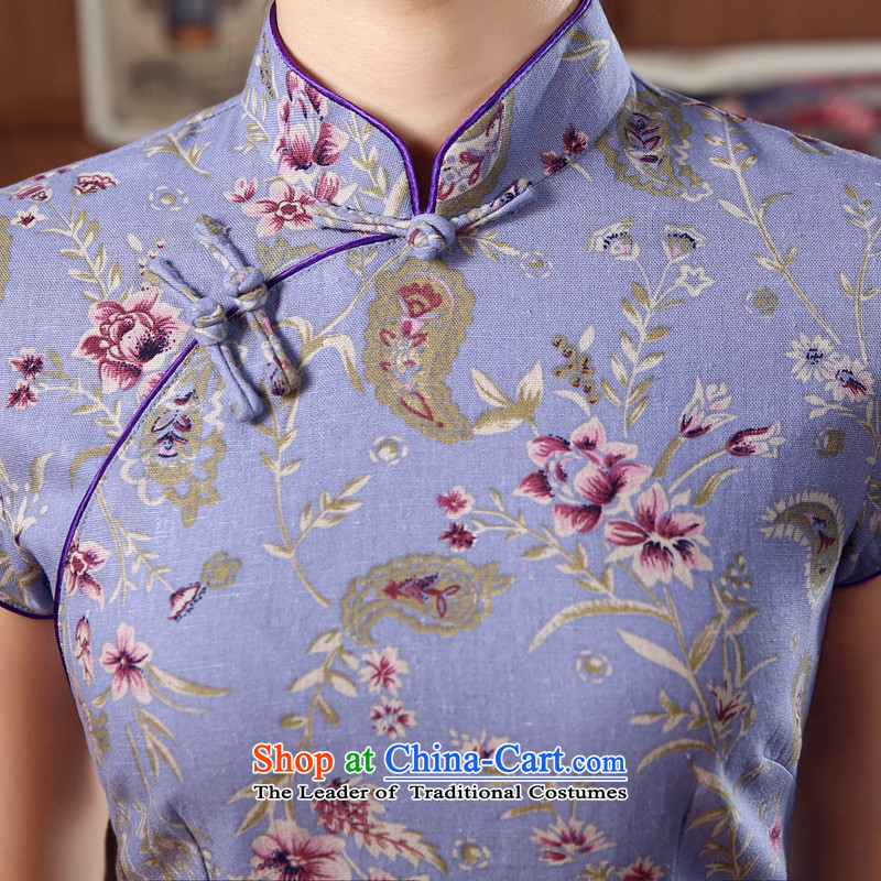 Land 2015 summer morning new Stylish retro short of improved cotton linen cheongsam dress Chinese daily autumn colors with a light purple , L, morning land has been pressed shopping on the Internet