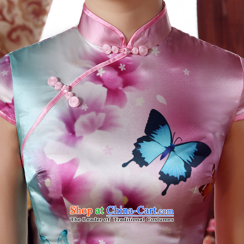 Morning new qipao land 2015 summer short of improvement and Stylish retro sauna Silk Cheongsam Spend Chinese silk Butterfly Lovers , , , morning 155/S, pink shopping on the Internet