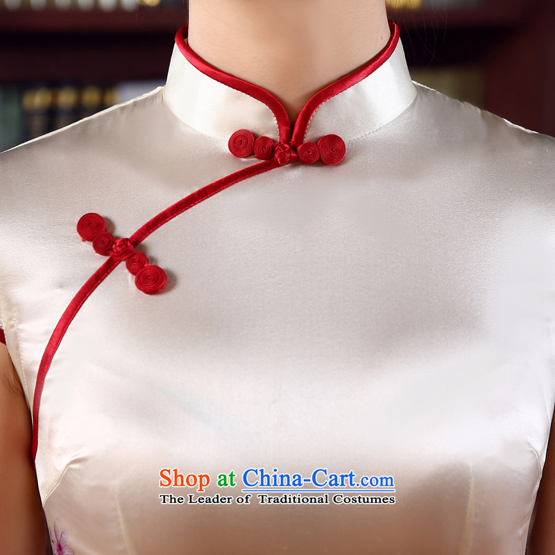 Morning new qipao land 2015 summer short of improvement and Stylish retro herbs extract silk CHINESE CHEONGSAM blooming red 155/S, morning land has been pressed shopping on the Internet