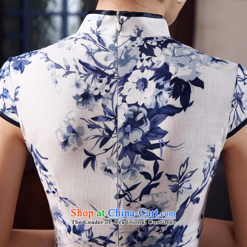Land 2015 summer morning new Stylish retro short of improved cheongsam dress Chinese daily cotton linen white porcelain 155/S, morning land has been pressed shopping on the Internet