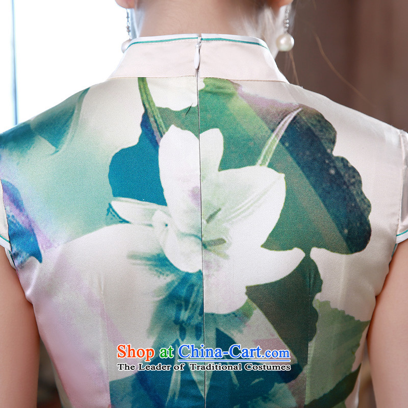 Morning new qipao Land summer short of improvement and Stylish retro herbs extract silk cheongsam dress Chinese flowers to green land has been pressed XXL, morning shopping on the Internet