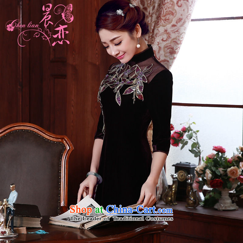 Morning spring and autumn 2015 new land improvement in the retro cuff stylish manually staple pearl luxury cashmere cheongsam dress purple M morning land has been pressed shopping on the Internet