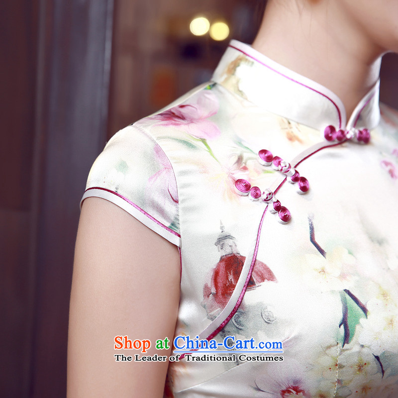 Morning new qipao Land summer short of improvement and Stylish retro herbs extract silk cheongsam dress to target Chinese champagne color XXL, morning land has been pressed shopping on the Internet