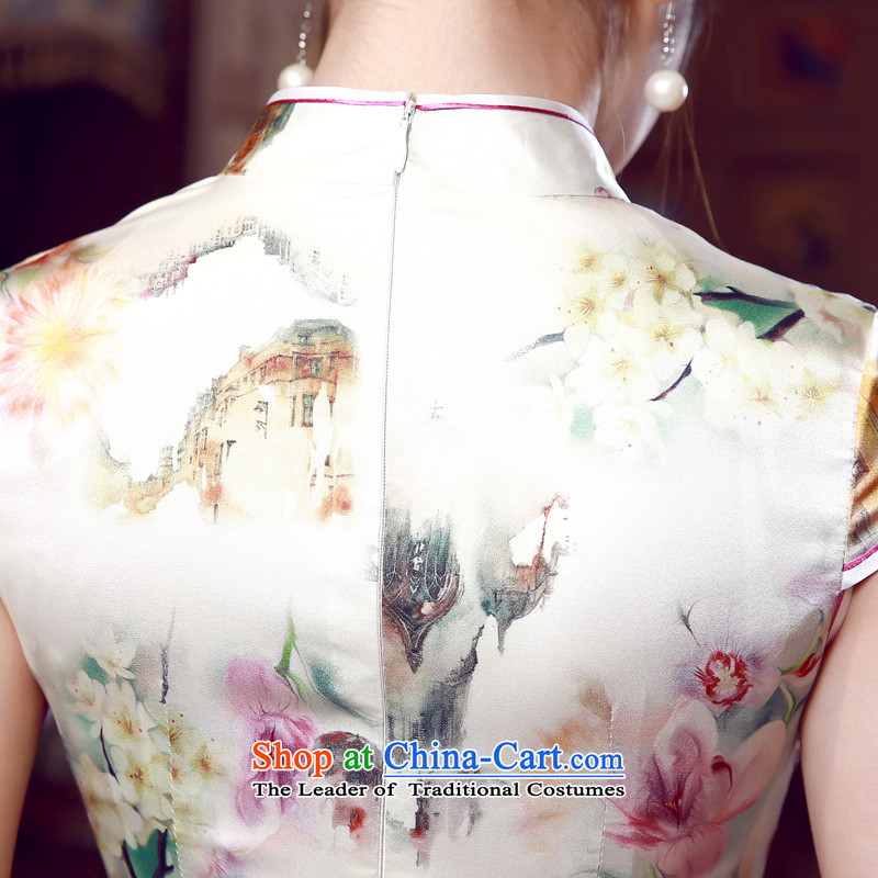 Morning new qipao Land summer short of improvement and Stylish retro herbs extract silk cheongsam dress to target Chinese champagne color XXL, morning land has been pressed shopping on the Internet
