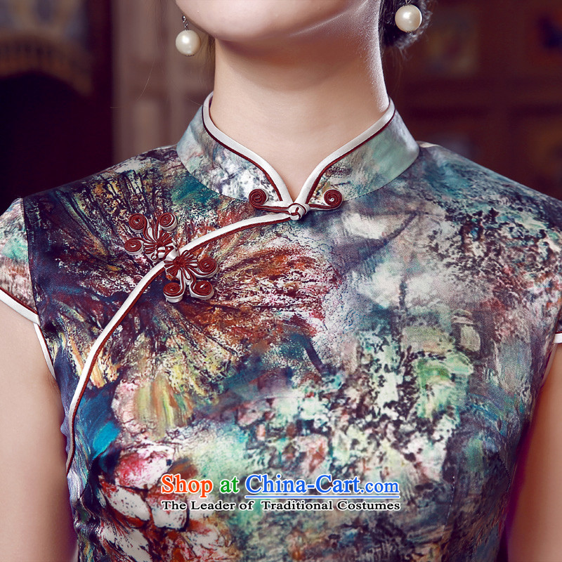 Morning new qipao Land summer short of improvement and Stylish retro herbs extract silk cheongsam dress water with Chinese suit , L, morning land has been pressed shopping on the Internet