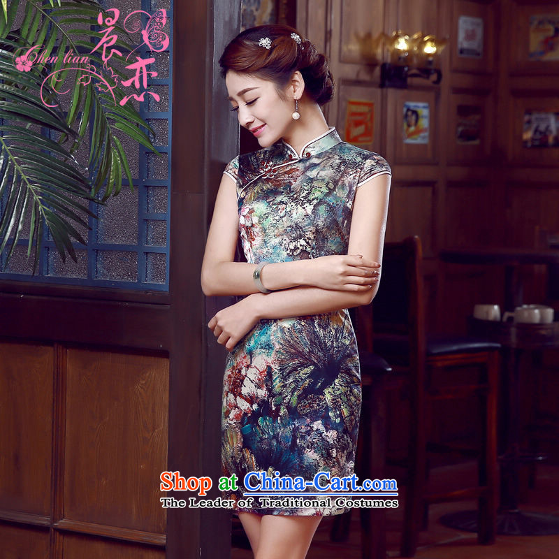 Morning new qipao Land summer short of improvement and Stylish retro herbs extract silk cheongsam dress water with Chinese suit , L, morning land has been pressed shopping on the Internet