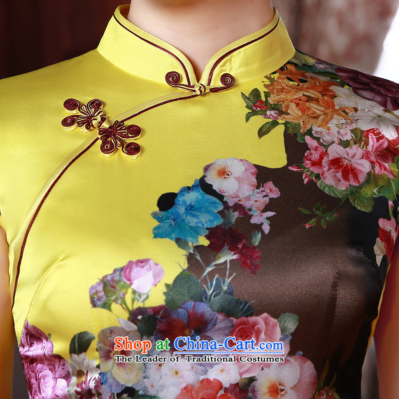 Morning new qipao Land summer short of improvement and Stylish retro herbs extract silk cheongsam dress Wong Mudan Chinese yellow , L, morning land has been pressed shopping on the Internet