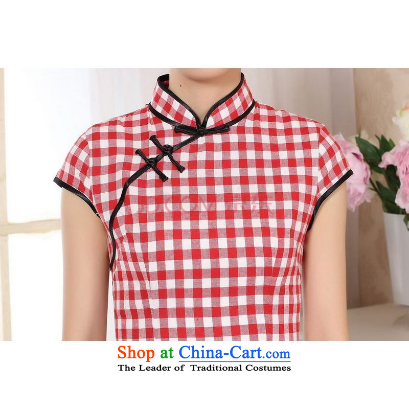 Min Joseph cotton linen retro checked short-sleeved qipao improved day-to-Republic of Korea Women's Summer linen cheongsam dress D0247 emblazoned with the red, S, Min Joseph shopping on the Internet has been pressed.