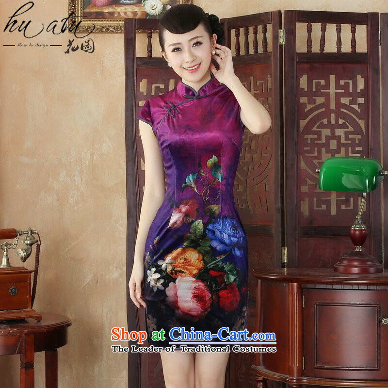 Spend the day-to-day cheongsam dress figure for summer new Chinese improved hand-painted silk cheongsam stylish beauty Kim short qipao figure color M, floral shopping on the Internet has been pressed.