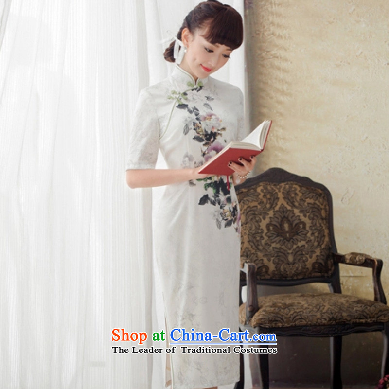 A Pinwheel Without Wind looked hibiscus spring and autumn Yat New Long Silk Cheongsam daily improved stamp sexy cheongsam dress ivory S, Yat Lady , , , shopping on the Internet