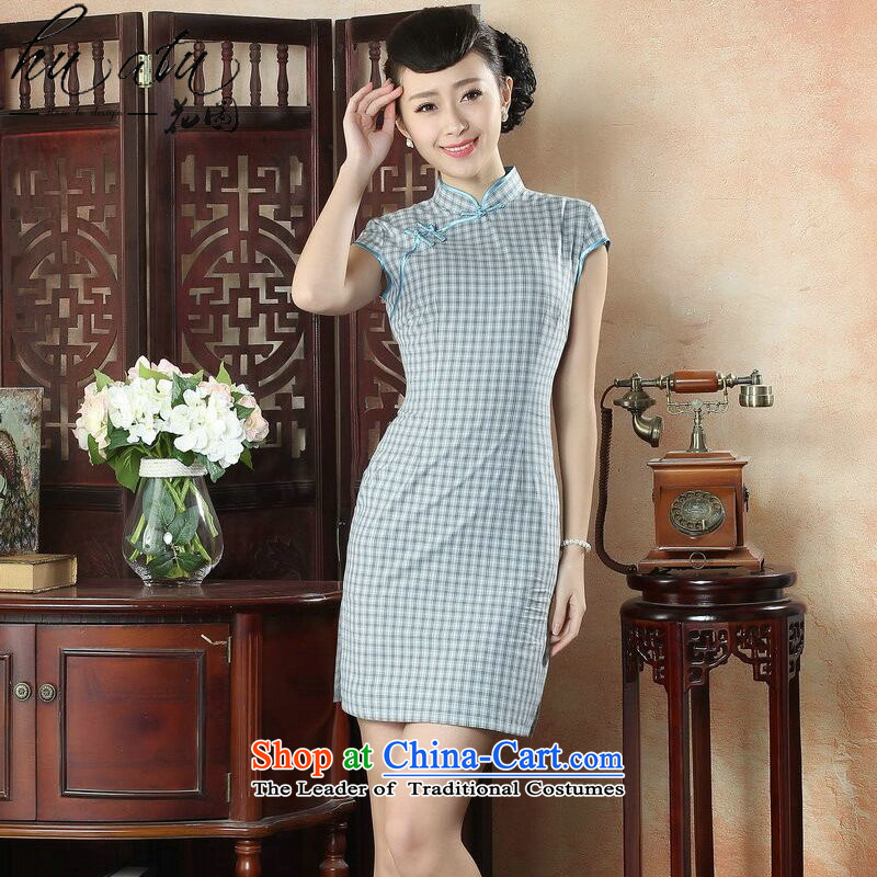 Figure for summer flowers new cheongsam Tang Dynasty Chinese Women's improved retro cotton linen dresses skirt temperament of the Republic of Korea the figure color grid qipao XL, floral shopping on the Internet has been pressed.